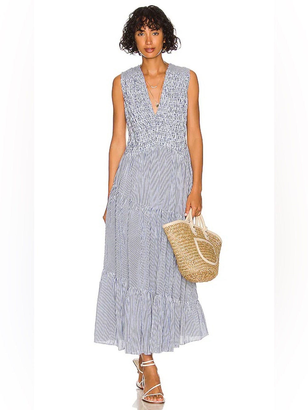 Free People Juno Maxi Dress Blue White Stripe Smocked Open Back Size Small boho - Picture 2 of 11